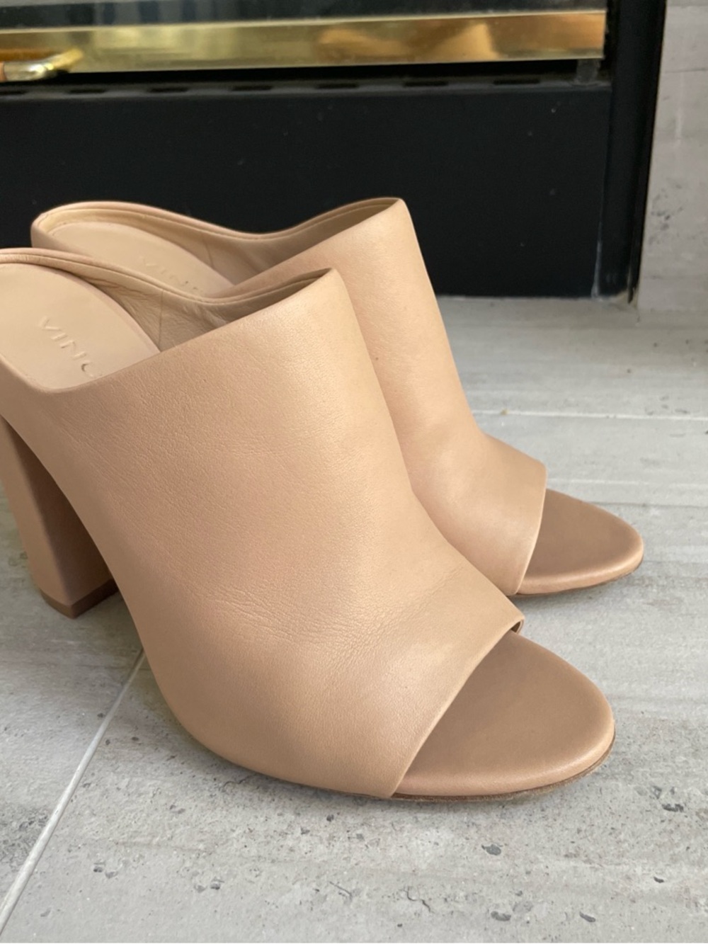 Vince Nude Leather Open-Toe Block Heel Mule
